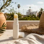 Stick de baume à lèvres SPF posé avec un chapeau pour une journée au soleil.