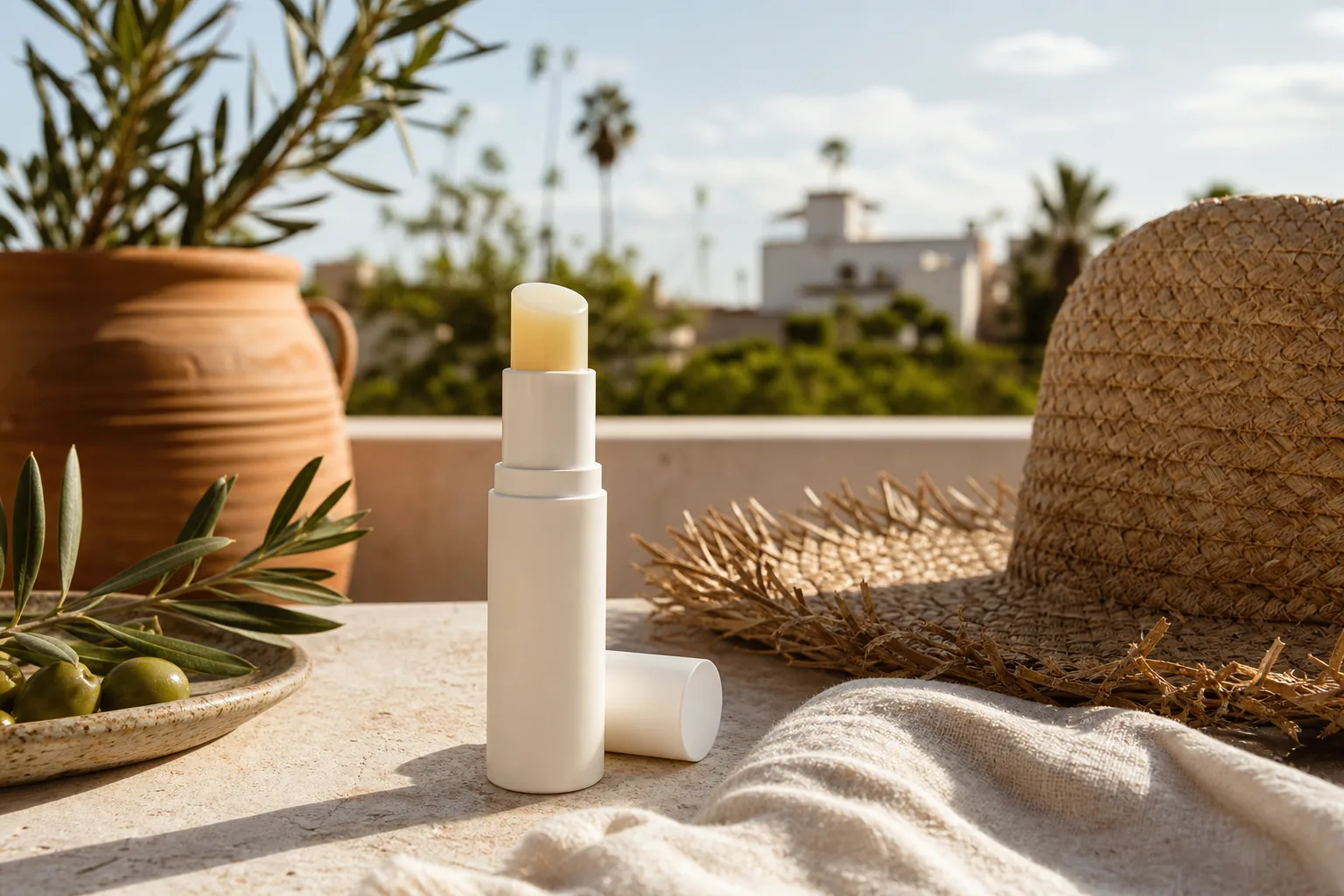 Stick de baume à lèvres SPF posé avec un chapeau pour une journée au soleil.