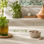 Verre de thé à la menthe et complément de fer générique disposés séparément sur une table.