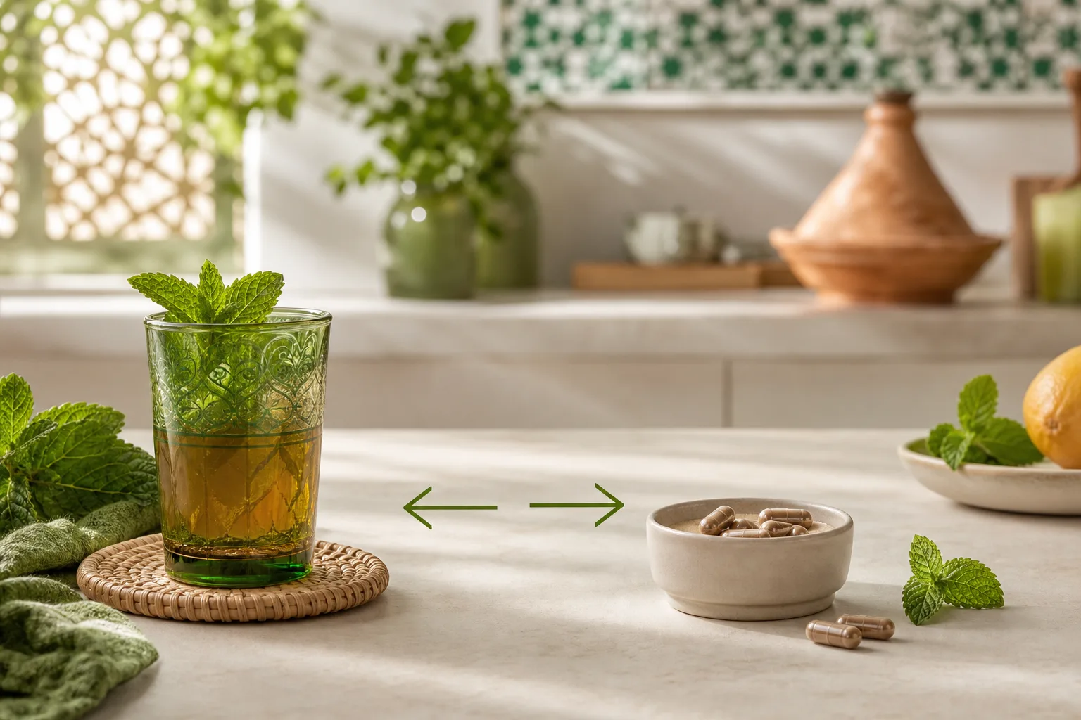 Verre de thé à la menthe et complément de fer générique disposés séparément sur une table.