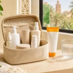 Trousse de cosmétiques et protection solaire rangées à l’ombre pendant une journée chaude.