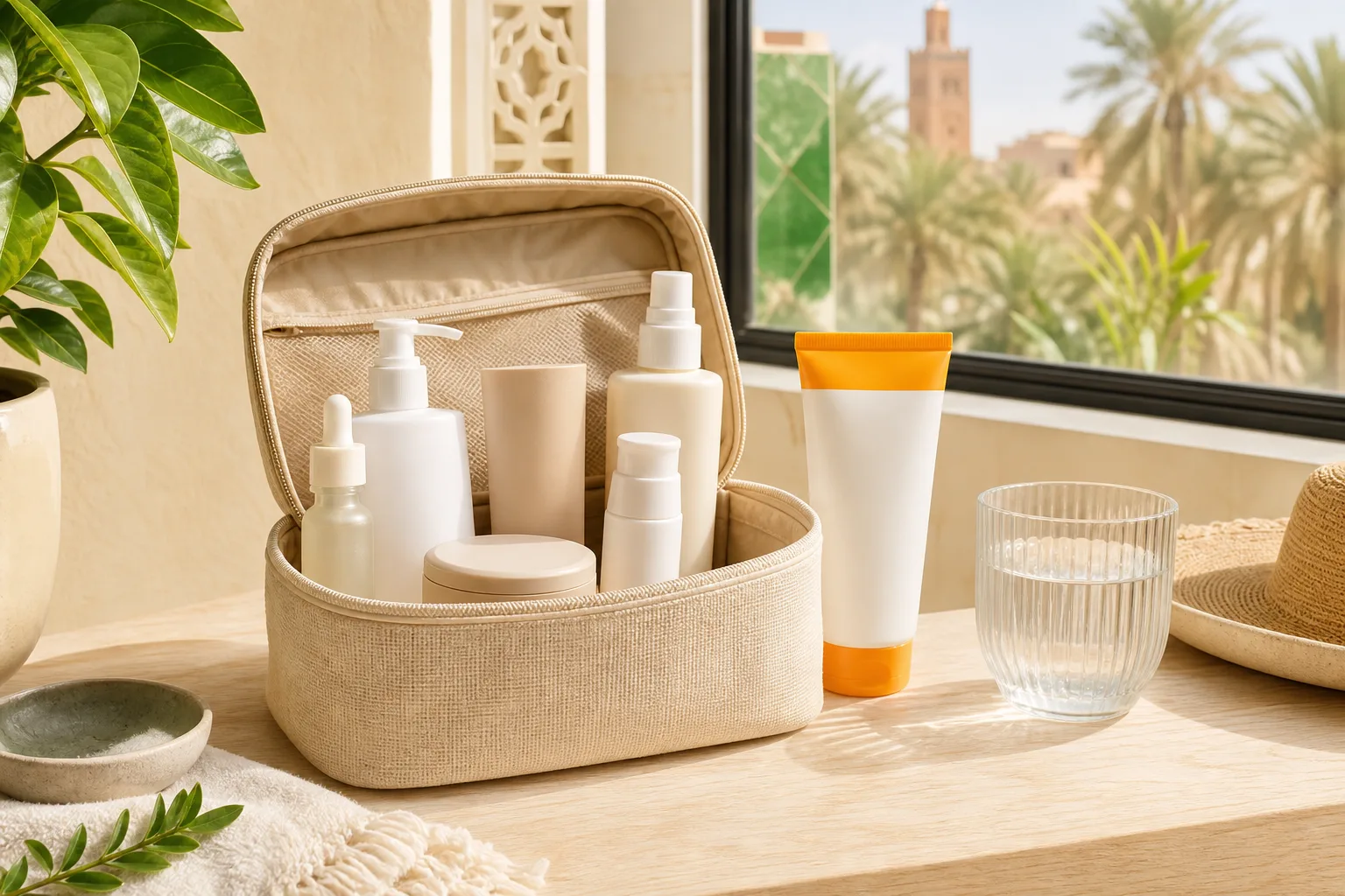 Trousse de cosmétiques et protection solaire rangées à l’ombre pendant une journée chaude.