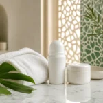 Déodorant roll-on et crème pour aisselles sur une surface claire avec feuillage vert.