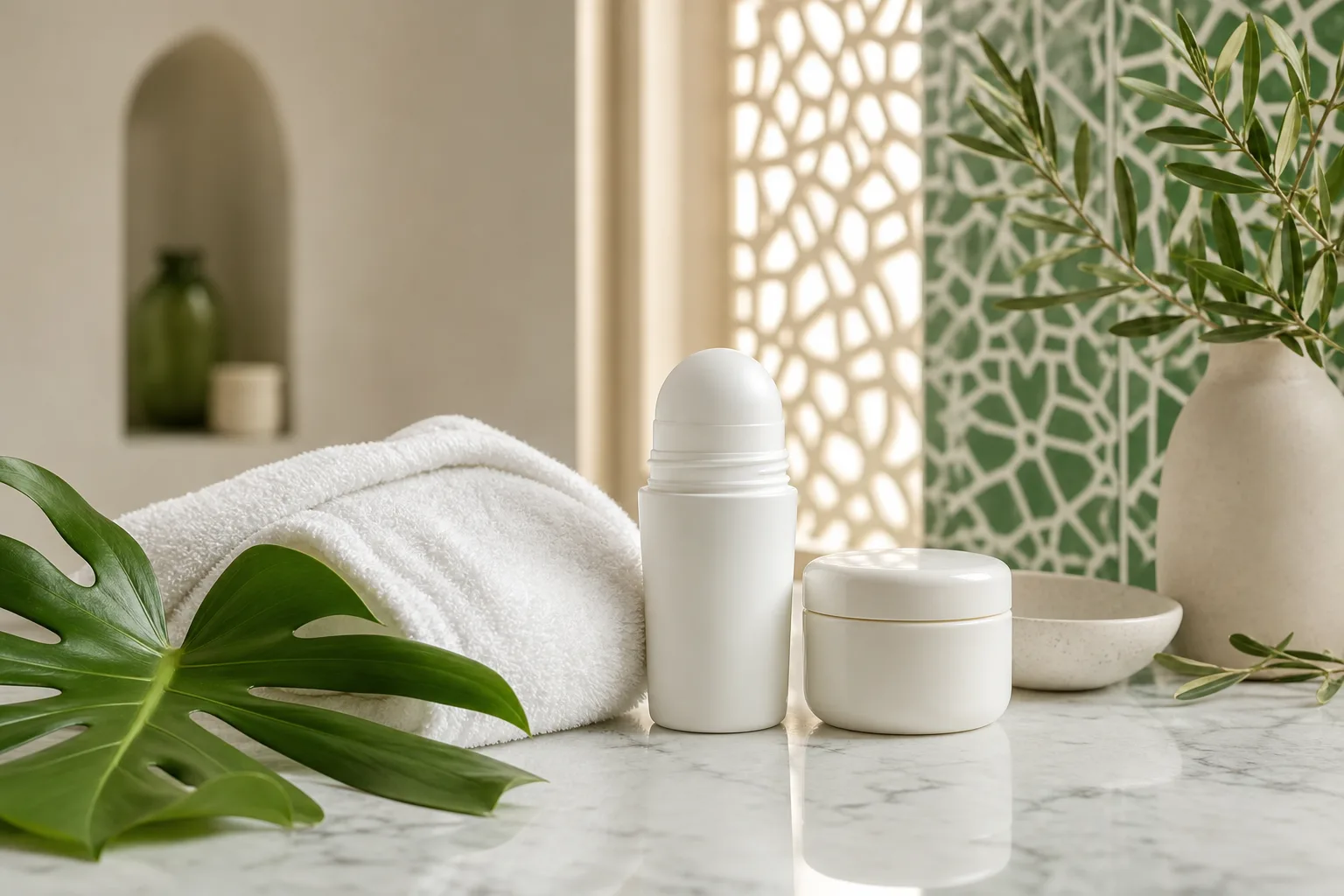 Déodorant roll-on et crème pour aisselles sur une surface claire avec feuillage vert.