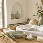 Espace de change bébé avec eau, coton doux et serviette propre
