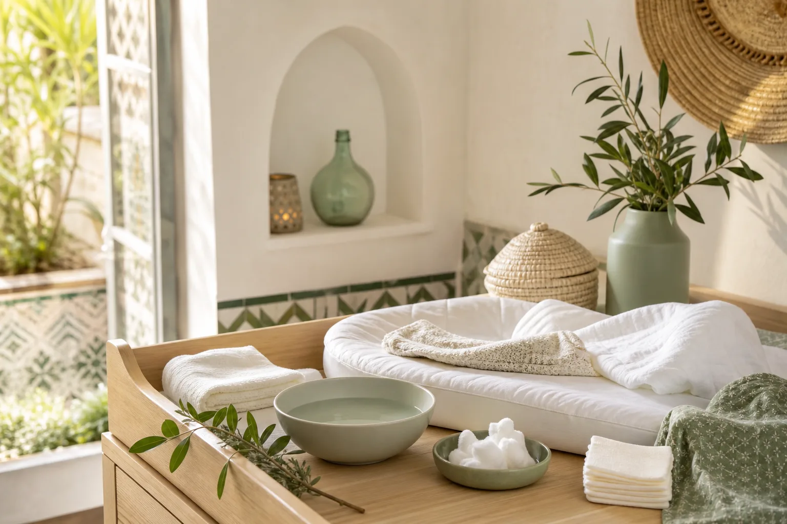Espace de change bébé avec eau, coton doux et serviette propre