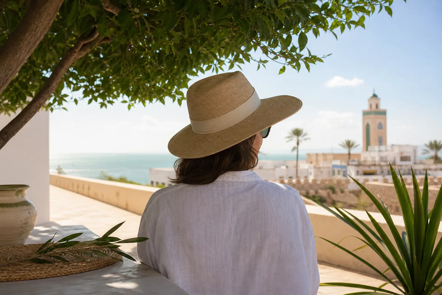 Personne portant un chapeau et des lunettes à l’ombre lors d’une journée ensoleillée au Maroc.