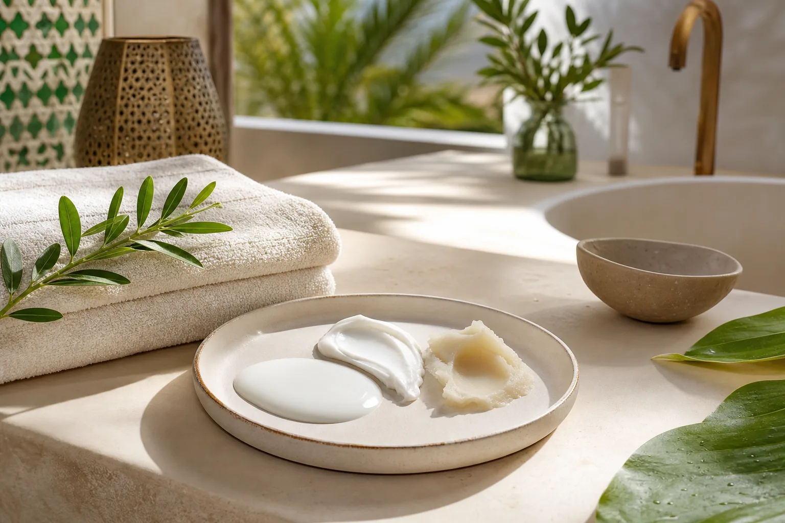 Textures de soin corps génériques sur une surface de salle de bain naturelle
