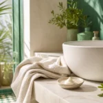 Personne séchant doucement ses mains près d’un lavabo après un lavage.