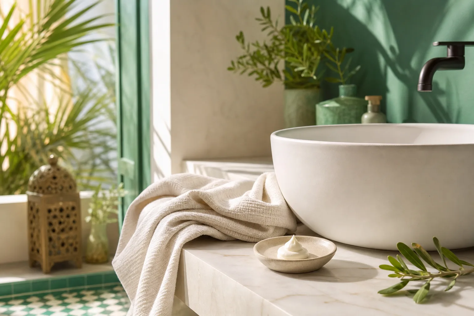 Personne séchant doucement ses mains près d’un lavabo après un lavage.