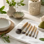 Pinceaux et éponge de maquillage propres posés à sécher sur une serviette.