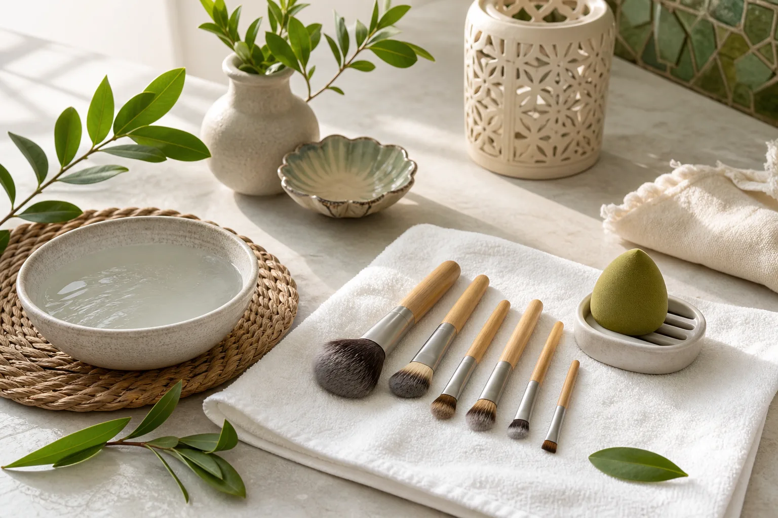 Pinceaux et éponge de maquillage propres posés à sécher sur une serviette.