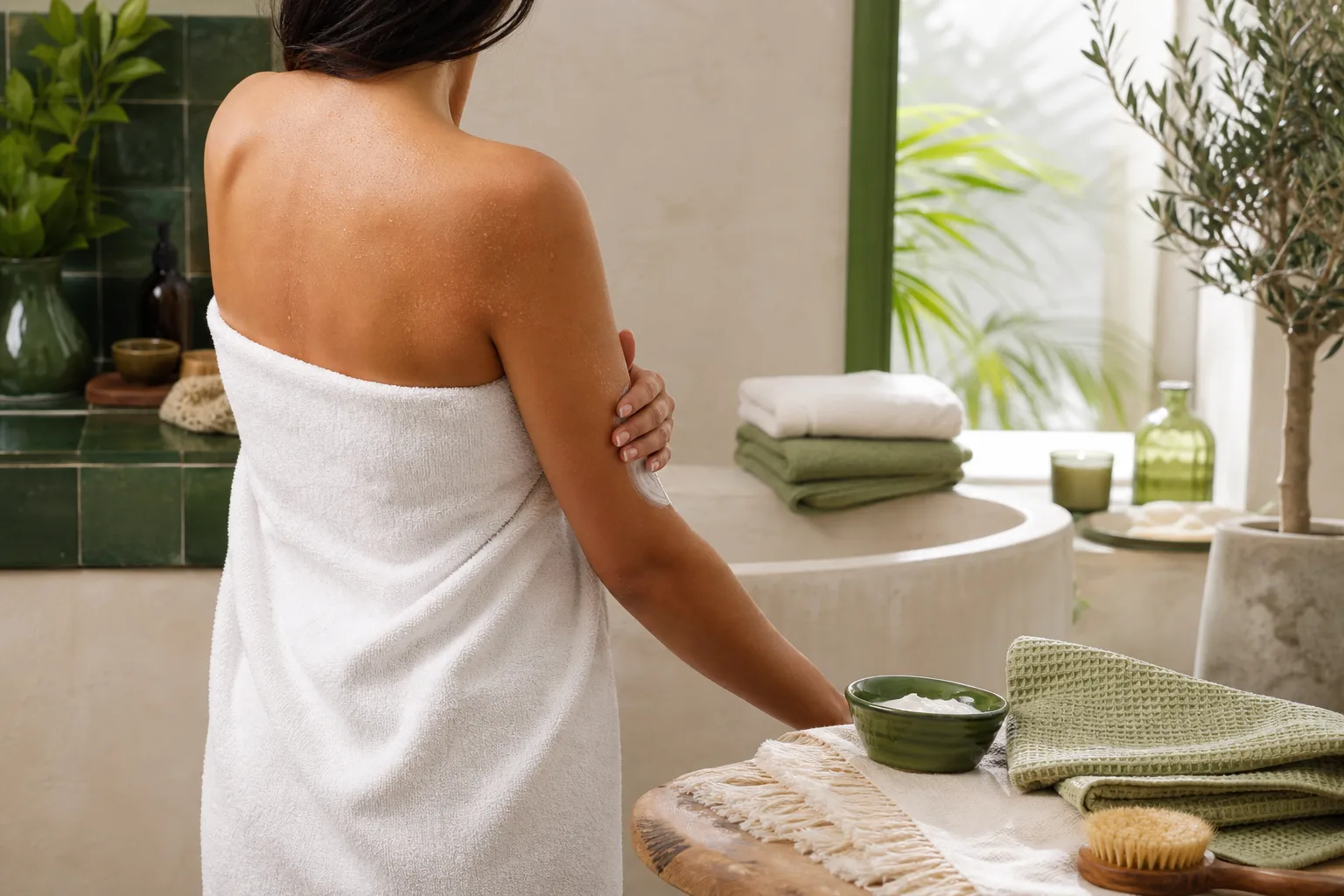 Personne appliquant doucement un soin corps après une douche tiède dans une salle de bain lumineuse.