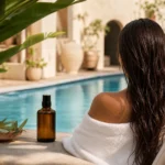 Routine capillaire après la piscine avec femme aux cheveux mouillés protégés après une baignade en piscine