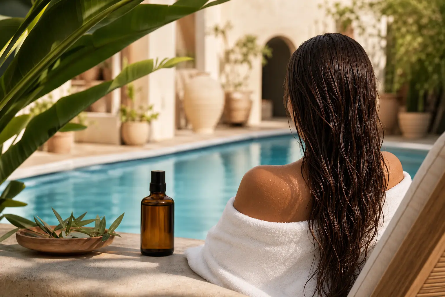 Routine capillaire après la piscine avec femme aux cheveux mouillés protégés après une baignade en piscine