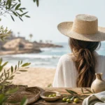 Femme portant un chapeau à la plage pour protéger son cuir chevelu et ses cheveux du soleil.