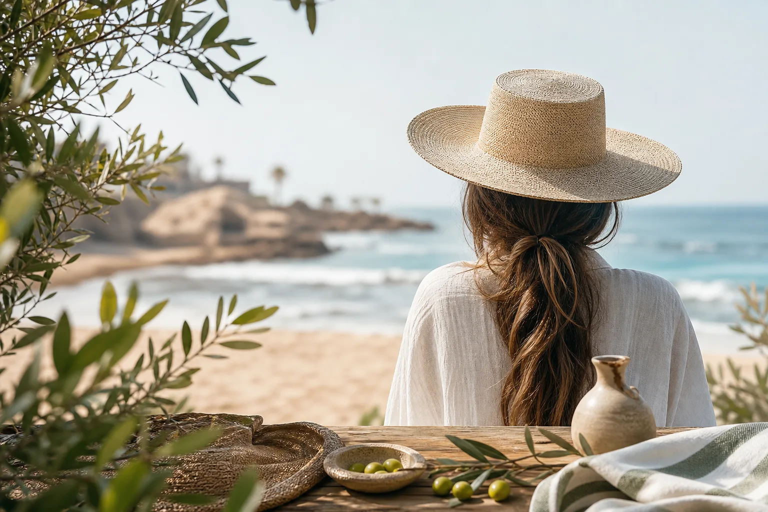 Femme portant un chapeau à la plage pour protéger son cuir chevelu et ses cheveux du soleil.