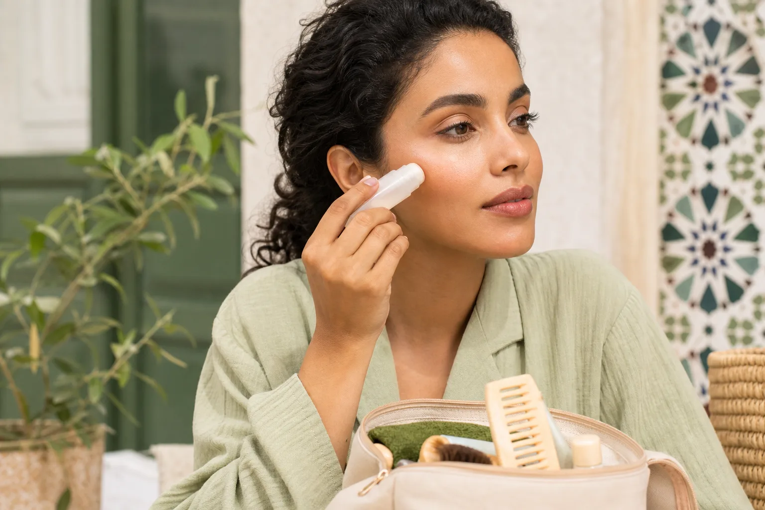 Femme appliquant une protection solaire en stick sur un maquillage léger