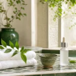 Routine visage douce après le hammam avec serviette et soin hydratant