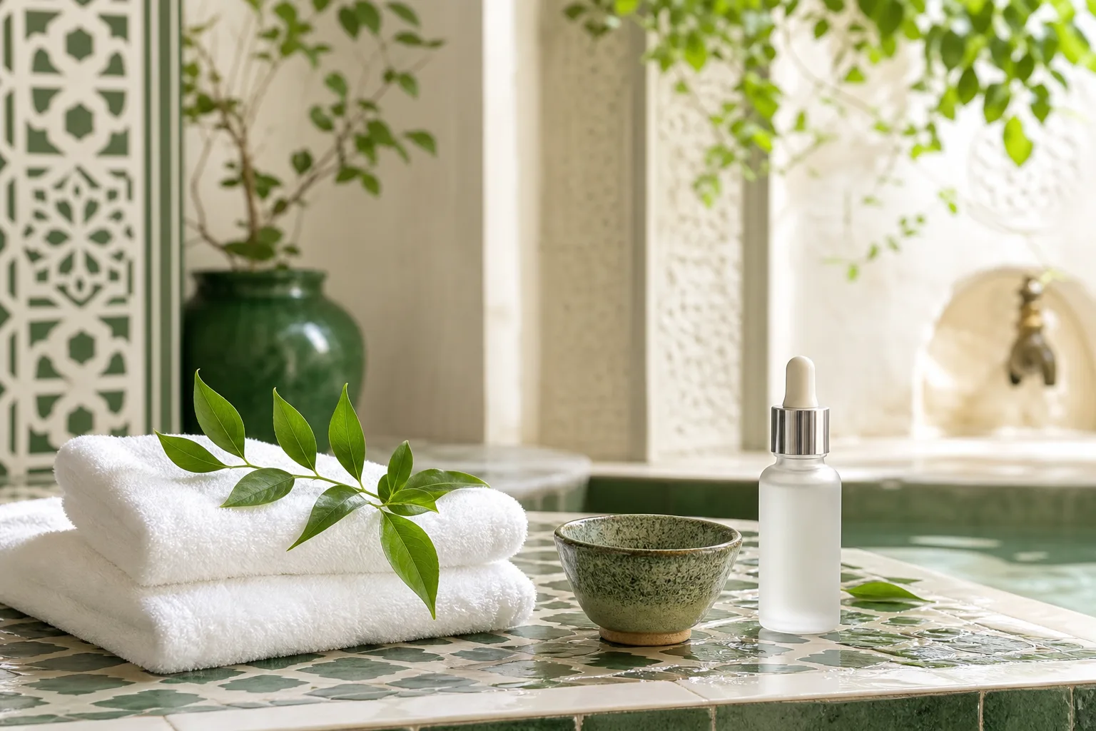 Routine visage douce après le hammam avec serviette et soin hydratant