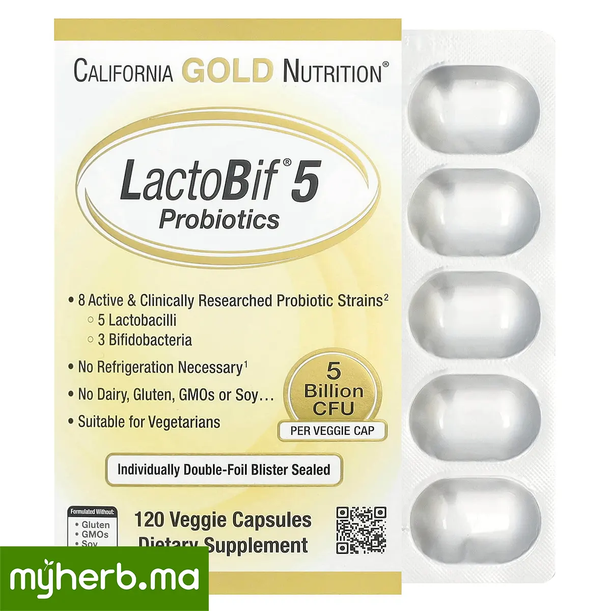 California Gold Nutrition LactoBif 5 Probiotiques 120 Capsules California Gold Nutrition LactoBif 5 Probiotiques 5 milliards UFC 120 Capsules